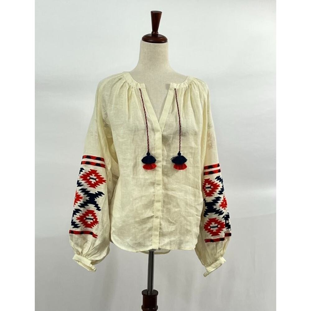 ELEVEN March 11 Sz S Small Linen Embroidered Shirt Blouse Top NWT